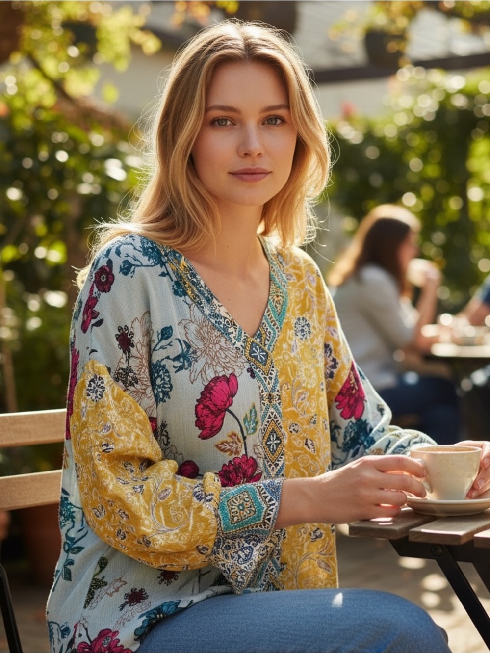 Umgee Floral Patchwork V-Neck Women’s Top